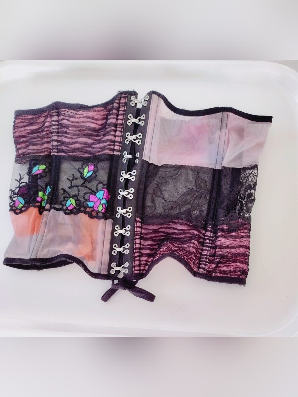 Vintage Sheer Black and Purple Lace Corset Bustier with Floral Detail